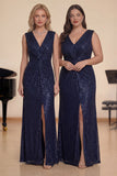 Sparkly Navy Sheath Sequins Ruched Choir Dress with Slit