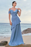 Blue Cold Shoulder Chiffon Bridesmaid Dress with Ruffles