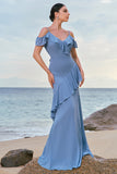 Blue Cold Shoulder Chiffon Bridesmaid Dress with Ruffles