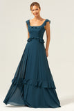 A-Line Dark Peacock Green Scoop Neck Chiffon Long Bridesmaid Dress