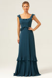 A-Line Dark Peacock Green Scoop Neck Chiffon Long Bridesmaid Dress