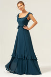 A-Line Dark Peacock Green Scoop Neck Chiffon Long Bridesmaid Dress