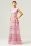 Blush A-Line Ruffled Chiffon Long Bridesmaid Dress with Open Back