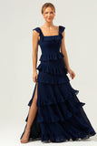 Dark Navy A-Line Tiered Chiffon Long Bridesmaid Dress