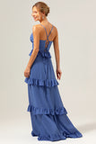 Dark Blue A-Line Spaghetti Straps Tiered Chiffon Long Bridesmaid Dress