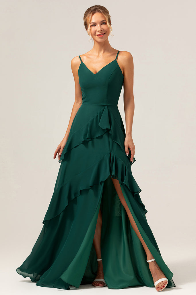 Zapaka Women Dark Green Spaghetti Straps ALine Chiffon Bridesmaid