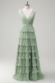 Dusty Sage A Line V-Neck Chiffon Ruffled Tiered Bridesmaid Dress