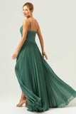 A-Line Spaghetti Straps Pleated Chiffon Eucalyptus Bridesmaid Dress with Slit