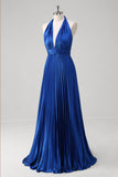 Royal Blue A Line Halter Pleated Long Prom Dress