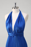 Royal Blue A Line Halter Pleated Long Prom Dress