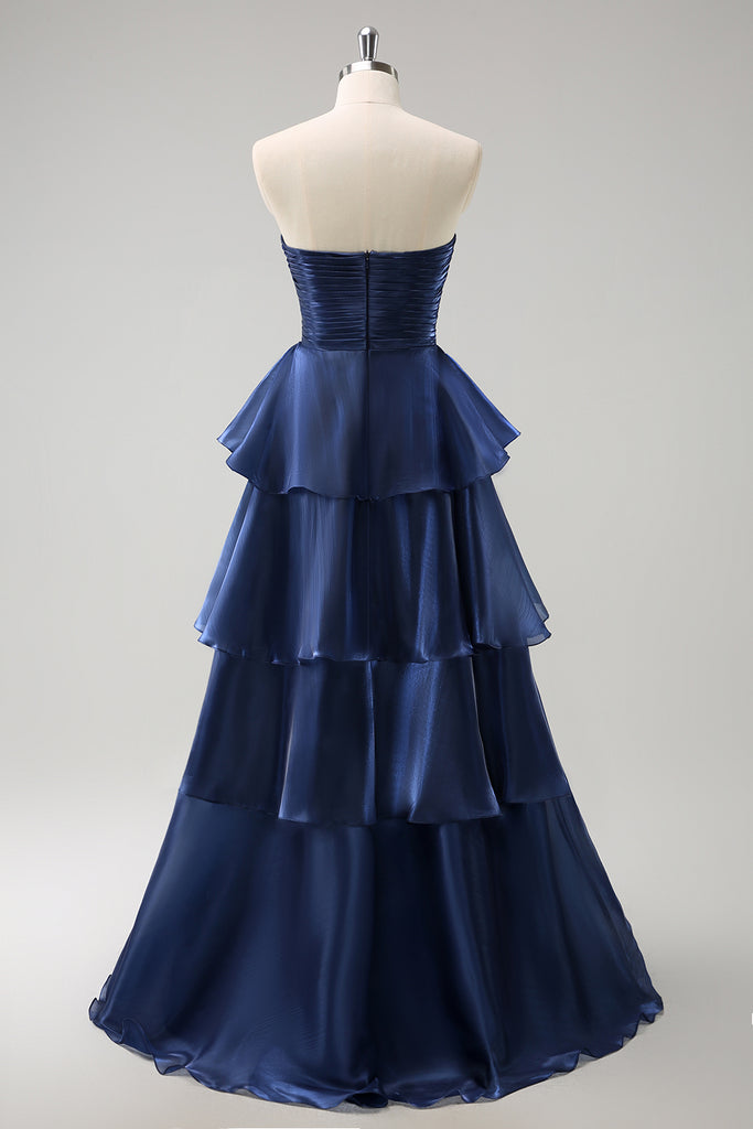 Long A-line Strapless Satin Prom Dress Dark Navy Formal Graduation Evening Dresses main image 1