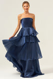 Dark Navy A Line Strapless Tiered Satin Long Prom Dress