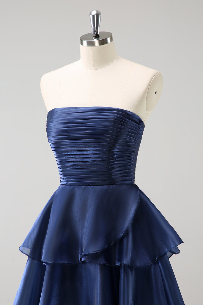 Strapless Pleated Bodice Tiered A-Line Dress Steel Grey