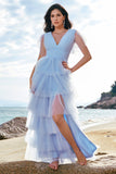 Grey Blue A-Line V Neck Tulle Long Tiered Bridesmaid Dress with Slit