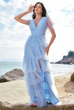 Grey Blue A-Line V Neck Tulle Long Tiered Bridesmaid Dress with Slit