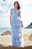 Grey Blue A-Line V Neck Tiered Tulle Long Bridesmaid Dress with Slit