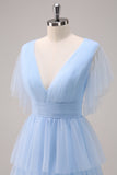 Grey Blue A-Line V Neck Tiered Tulle Long Bridesmaid Dress with Slit