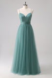 Eucalyptus Spaghetti Straps A-Line Tulle Bridesmaid Dress