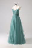 Eucalyptus Spaghetti Straps A-Line Tulle Bridesmaid Dress