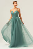 Eucalyptus Spaghetti Straps Tulle A-Line Long Bridesmaid Dress