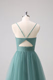 Eucalyptus Spaghetti Straps A-Line Tulle Bridesmaid Dress