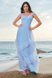 Blue A Line Tulle Corset Long Bridesmaid Dress with Ruffles