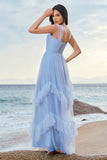 Blue A Line Tulle Corset Long Bridesmaid Dress with Ruffles