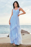 Blue A Line Tulle Corset Long Bridesmaid Dress with Ruffles