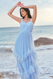 Blue A Line Tulle Corset Long Bridesmaid Dress with Ruffles