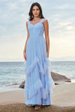 Blue A Line Tulle Corset Long Bridesmaid Dress with Ruffles