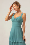 Eucalyptus A-Line Spaghetti Straps Chiffon Pleated Tiered Bridesmaid Dress