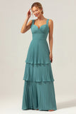 Eucalyptus A-Line Spaghetti Straps Chiffon Pleated Tiered Bridesmaid Dress