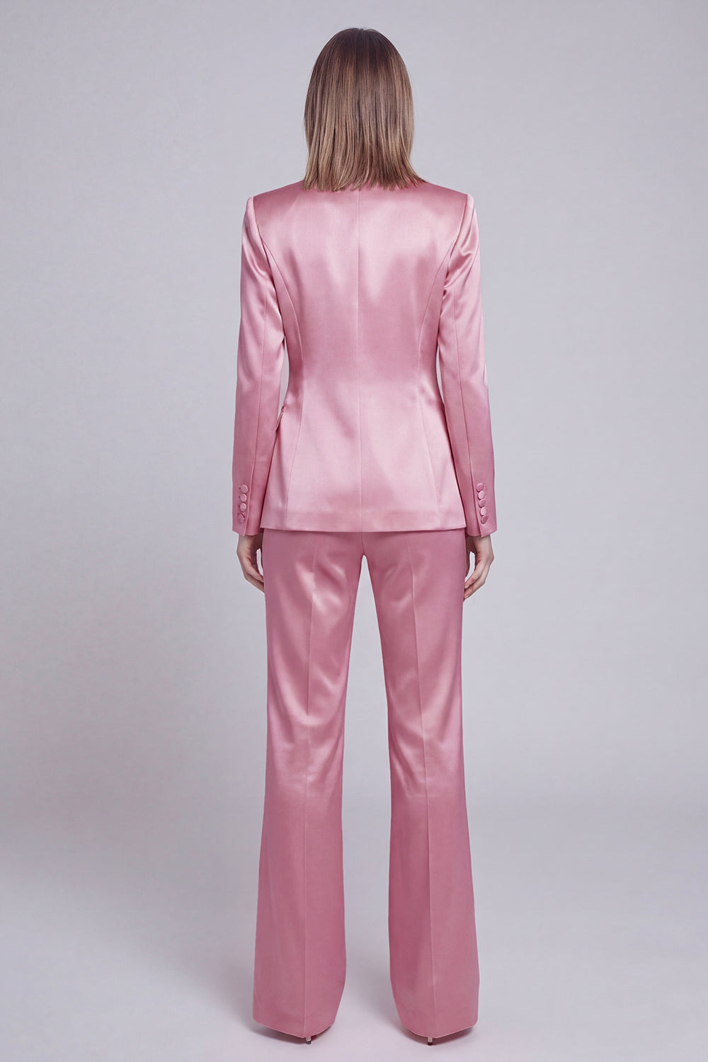 Zapaka Women Grey Pink Peak Lapel Satin Slim Fit Suits for Party
