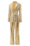 Sparkly Golden Lapel Sequins Women Party Suits