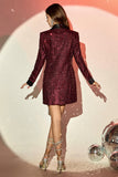 Sparkly Burgundy Bodycon Maxi Women's Blazer with Sequins