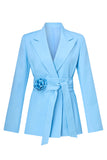 Blue Peak Lapel 2 Piece Women's Suits with Belt