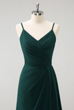 Dark Green Spaghetti Straps Ruche Long Bridesmaid Dress with Slit