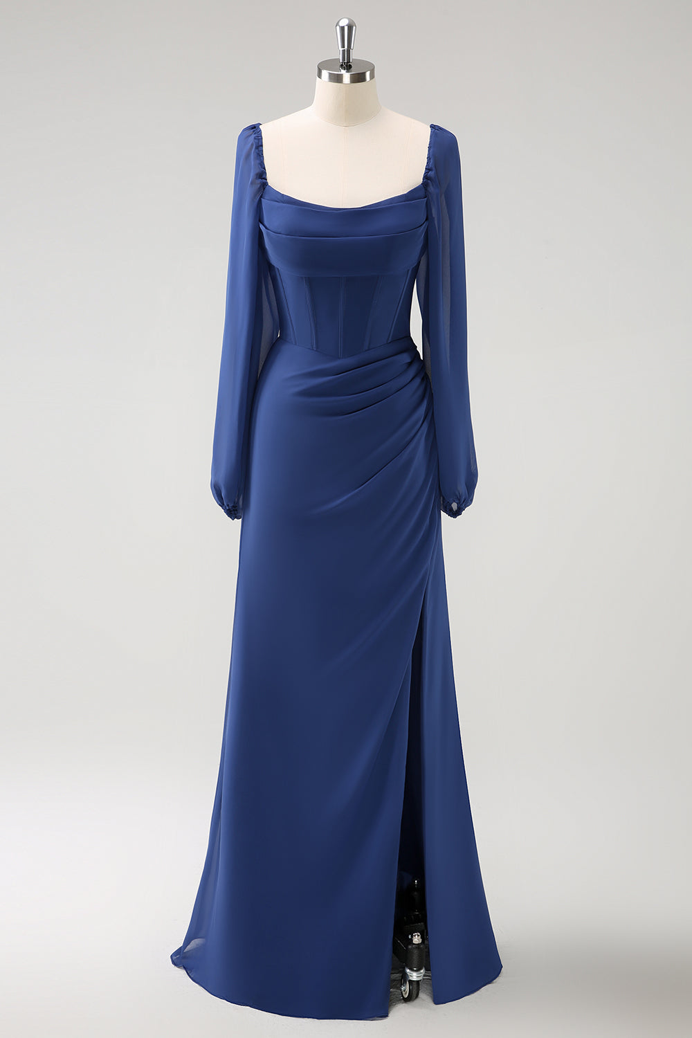 Zapaka Women Dark Blue Bridesmaid Dress Square Neck Chiffon Long Sleeves Sheath Long Wedding Guest Dress with Slit, Chiffon color / US4 Zapaka Women Dark Blue Bridesmaid Dress Square Neck Chiffon Long Sleeves Sheath Long Wedding Guest Dress with Slit, Chiffon color / US4