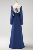 Dark Blue Sheath Square Neck Chiffon Long Sleeves Long Bridesmaid Dress with Slit