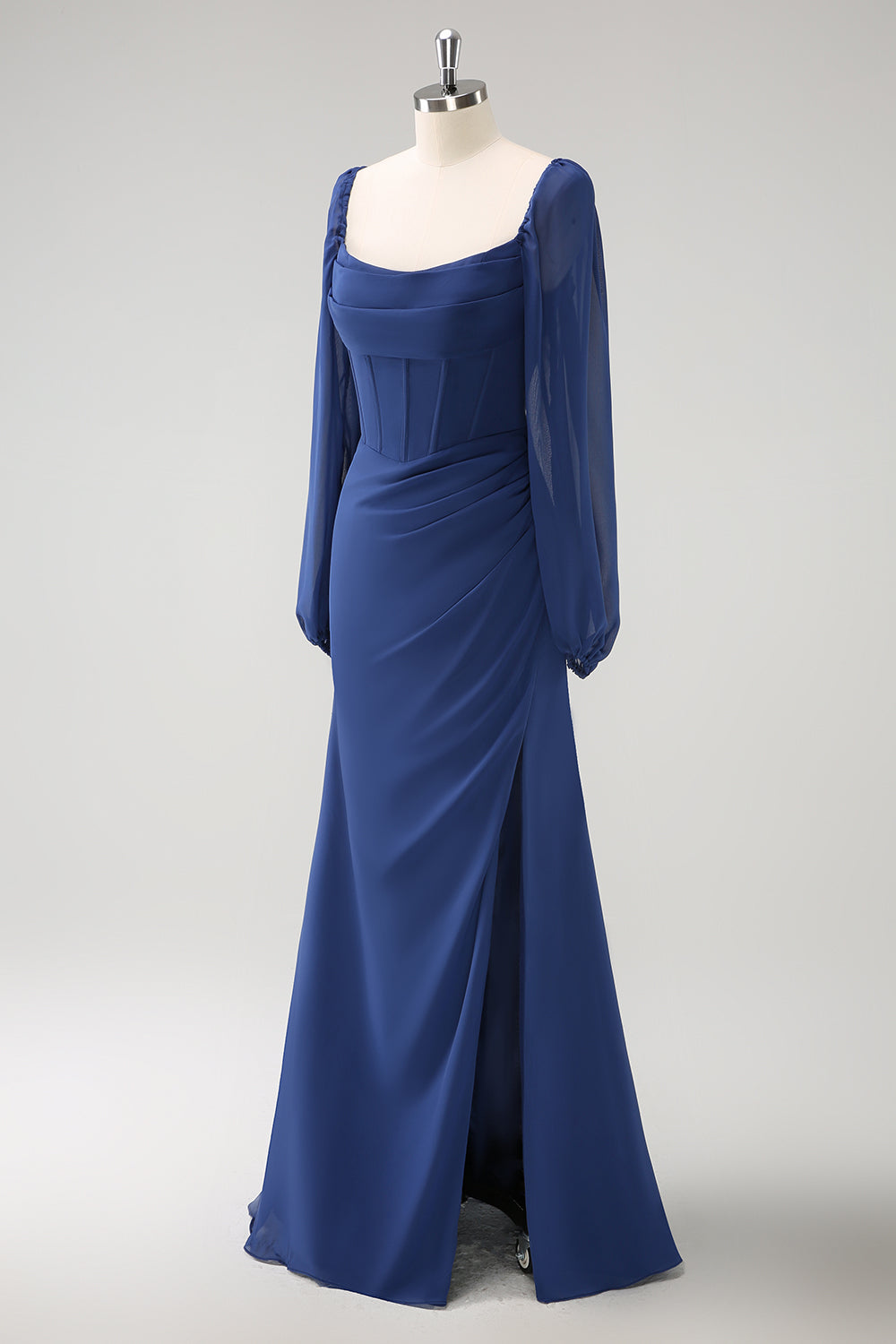 Zapaka Women Dark Blue Bridesmaid Dress Square Neck Chiffon Long Sleeves Sheath Long Wedding Guest Dress with Slit, Chiffon color / US4 Zapaka Women Dark Blue Bridesmaid Dress Square Neck Chiffon Long Sleeves Sheath Long Wedding Guest Dress with Slit, Chiffon color / US4