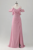 Pink A-line Cold Shoulder Chiffon Bridesmaid Dress with Slit