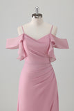 Pink A-line Cold Shoulder Chiffon Bridesmaid Dress with Slit