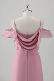 Pink A-line Cold Shoulder Chiffon Bridesmaid Dress with Slit