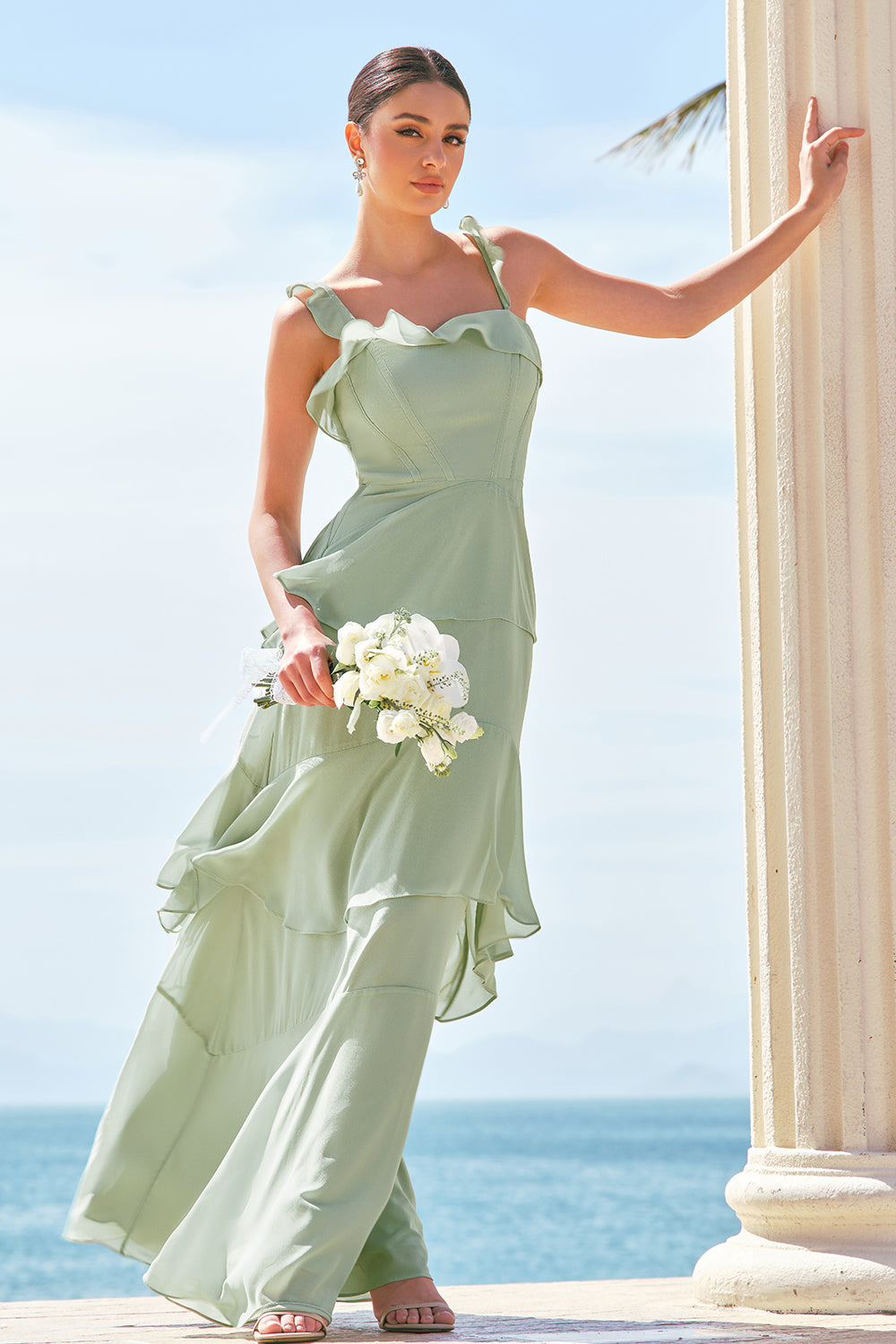 light green dresses for bridesmaids ZAPAKA Women Light Green Bridesmaid Dress A-Line Ruffle Tiered Chiffon Corset Long Wedding Party Dress