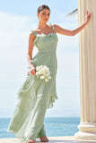Light Green A-Line Ruffle Tiered Chiffon Corset Long Bridesmaid Dress