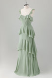 Light Green A-Line Ruffle Tiered Chiffon Corset Long Bridesmaid Dress