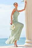 Light Green A-Line Ruffle Tiered Chiffon Corset Long Bridesmaid Dress