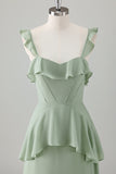 Light Green A-Line Ruffle Tiered Chiffon Corset Long Bridesmaid Dress