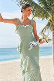 Light Green A-Line Tiered Chiffon Corset Long Bridesmaid Dress