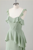 Light Green A-Line Ruffle Tiered Chiffon Corset Long Bridesmaid Dress